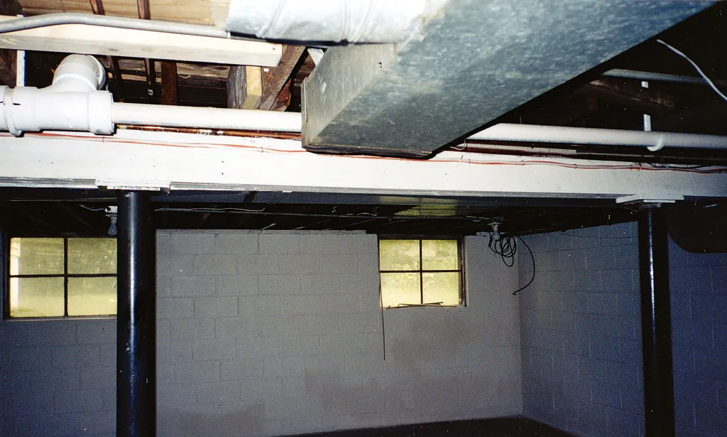 Unfinished basement corner with painted cinder-block walls, glass-block windows and a sheet-metal trunk duct running along the ceiling